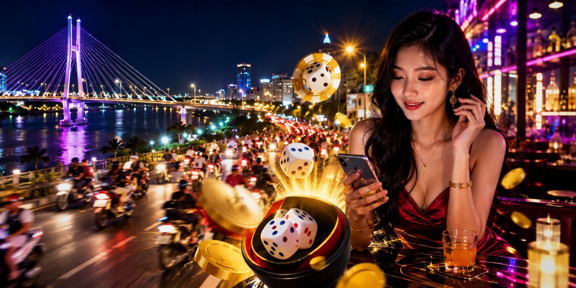 Xúc xắc tài xỉu phát sáng neon tại Cần Thơ, không khí trò chơi sôi động và hiện đại của miền Tây Nam Bộ